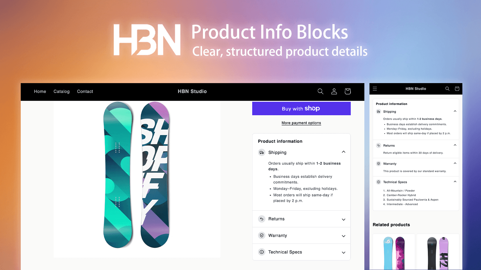 HBN Product Info Blocks on desktop and mobile