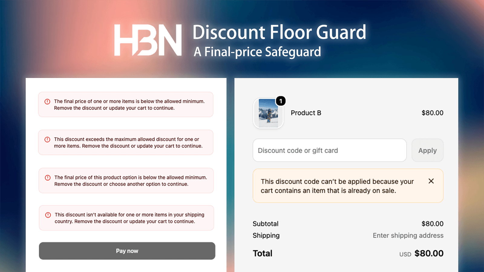 Checkout messages that protect minimum prices, discount limits, product variants, and countries
