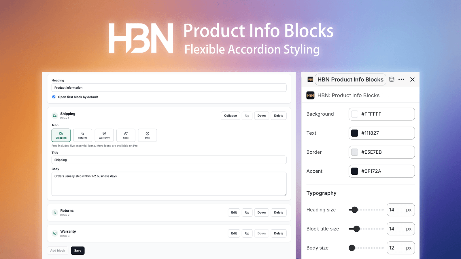 Flexible accordion styling for product information