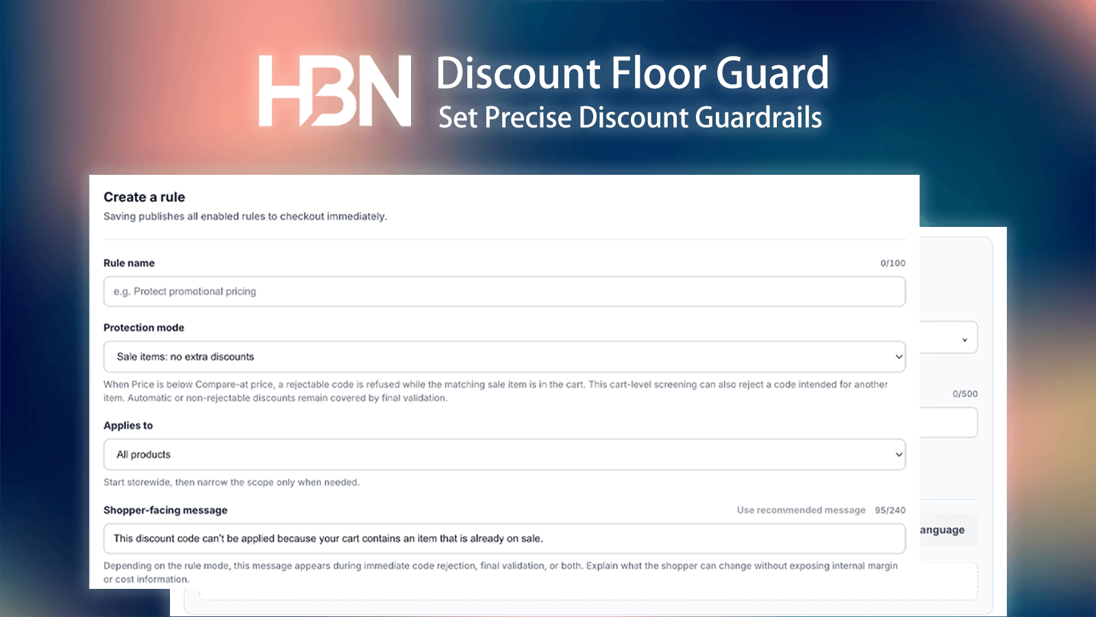 Discount protection rule editor with mode, scope, and shopper message controls