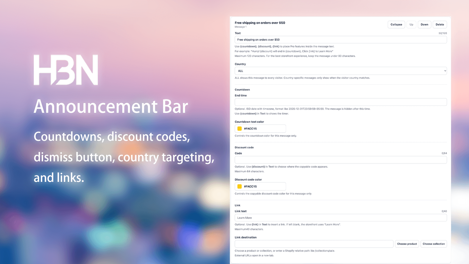 Countdown, discount, dismiss, targeting, and link features