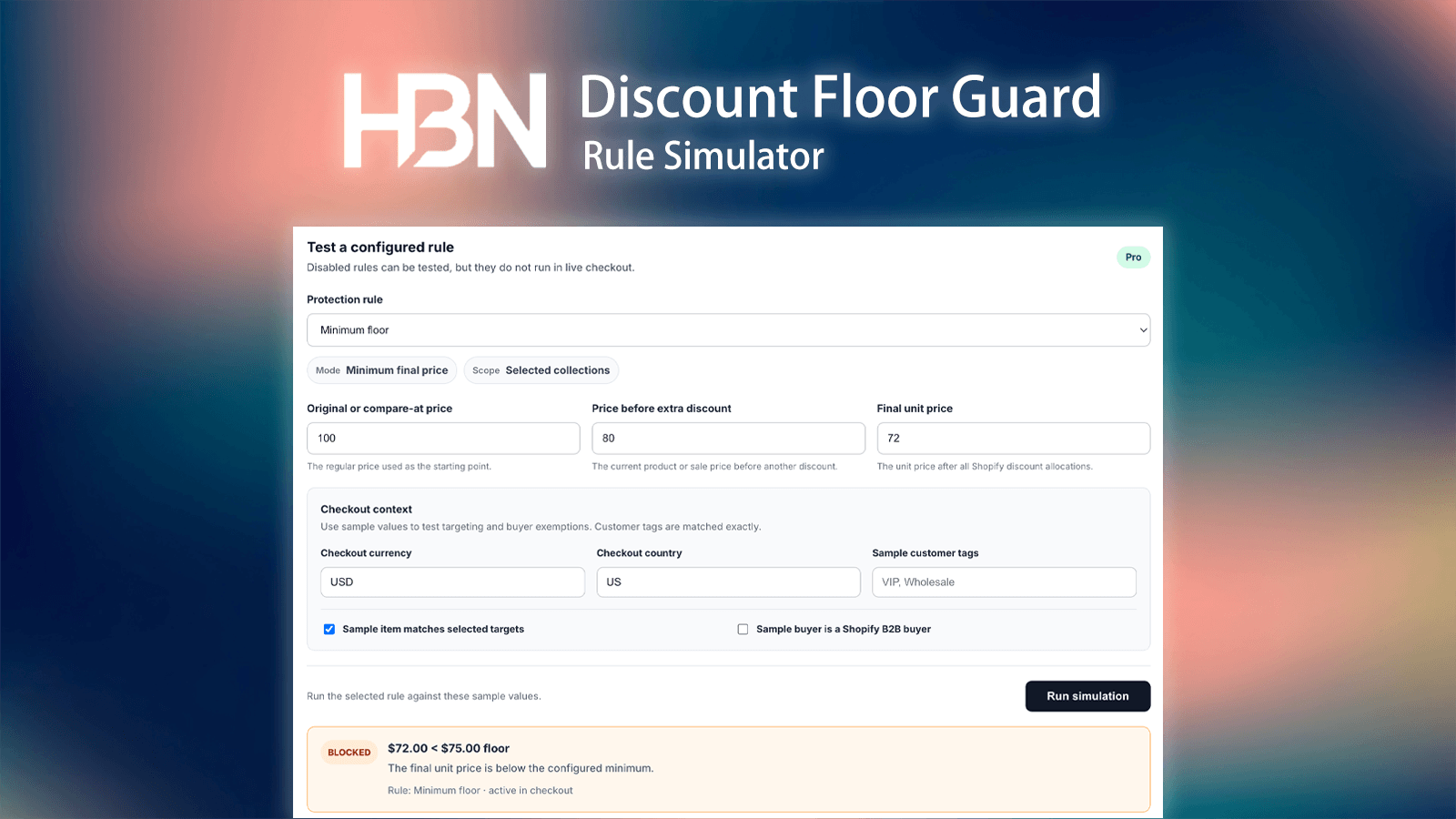 Rule simulator showing a blocked final price below a configured floor